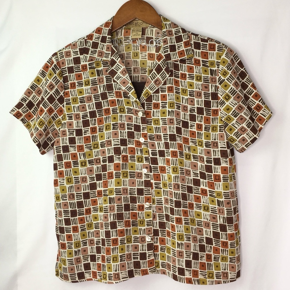 vintage geometric squares casual button up blouse with attached tank top [0319]